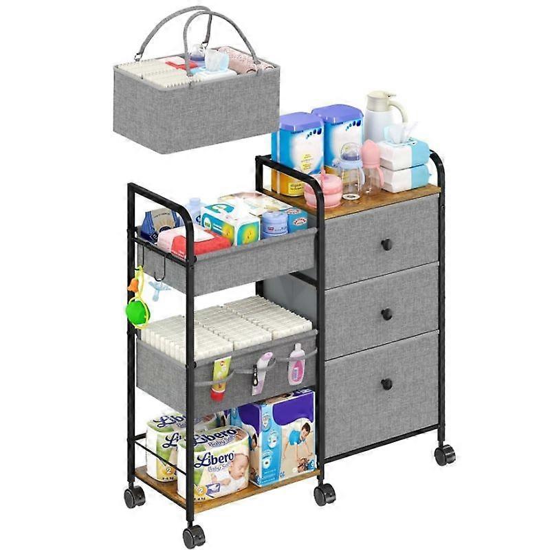 2 in 1 Baby Diaper Caddy Organizers and Storage, 3 Tier Rolling Cart with Dividers and Drawers, Mobile Utility Cart Baby Dresser Clothes Organizer for