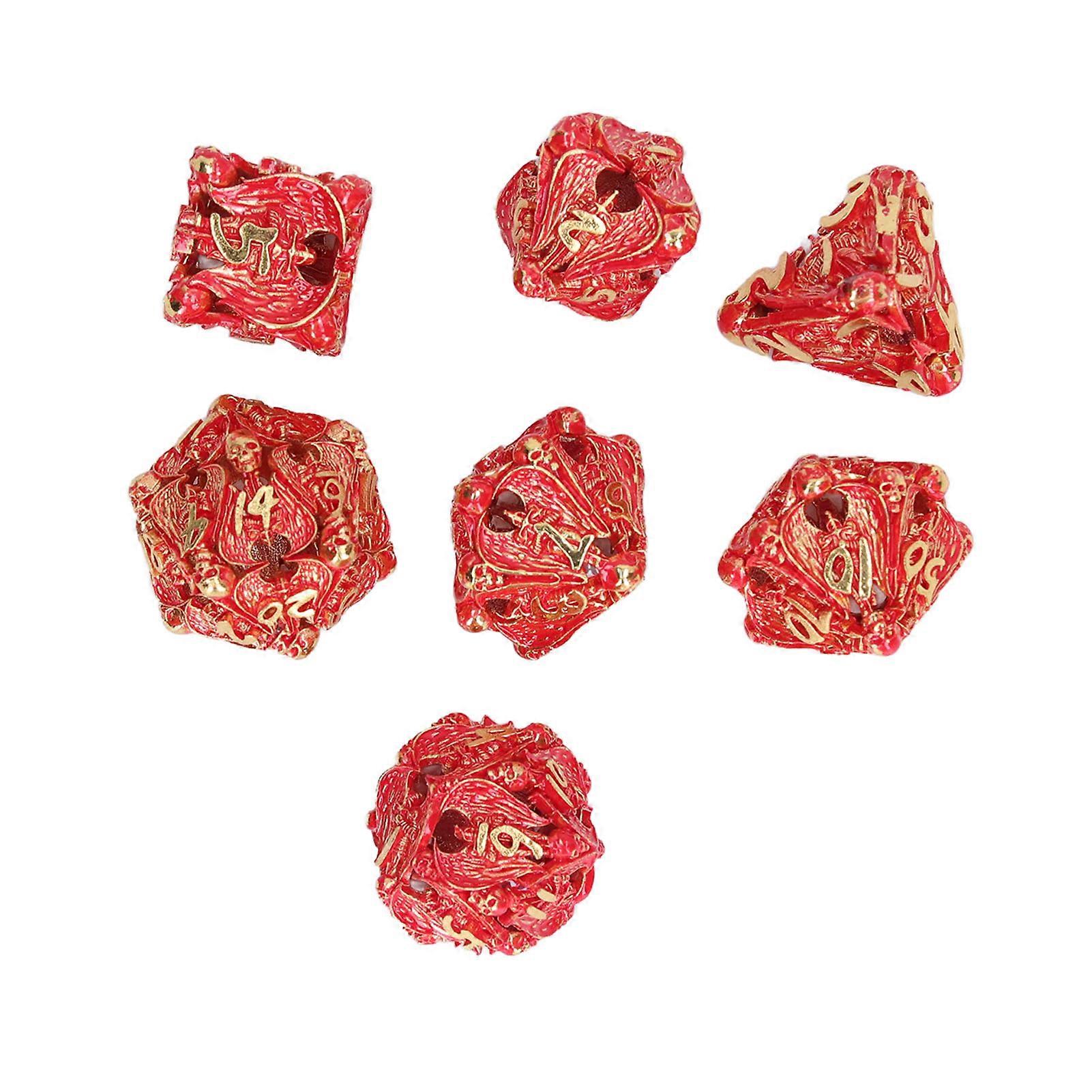 7pcs Copper Hollow Polyhedral Dice Set Skull Pattern Silver Red