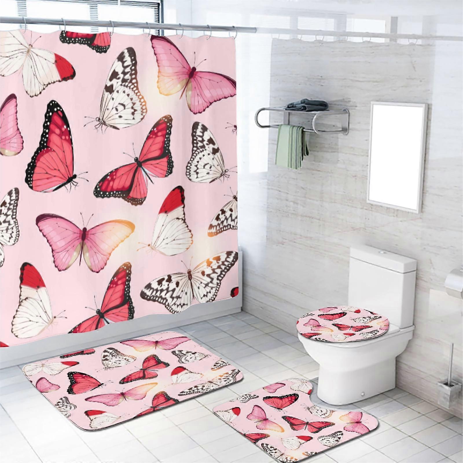 Colorful 4PCS Shower Curtain Set with Non-Slip Rug, Pink Butterflies Design, 72x72 Inch, 12 Hooks Included