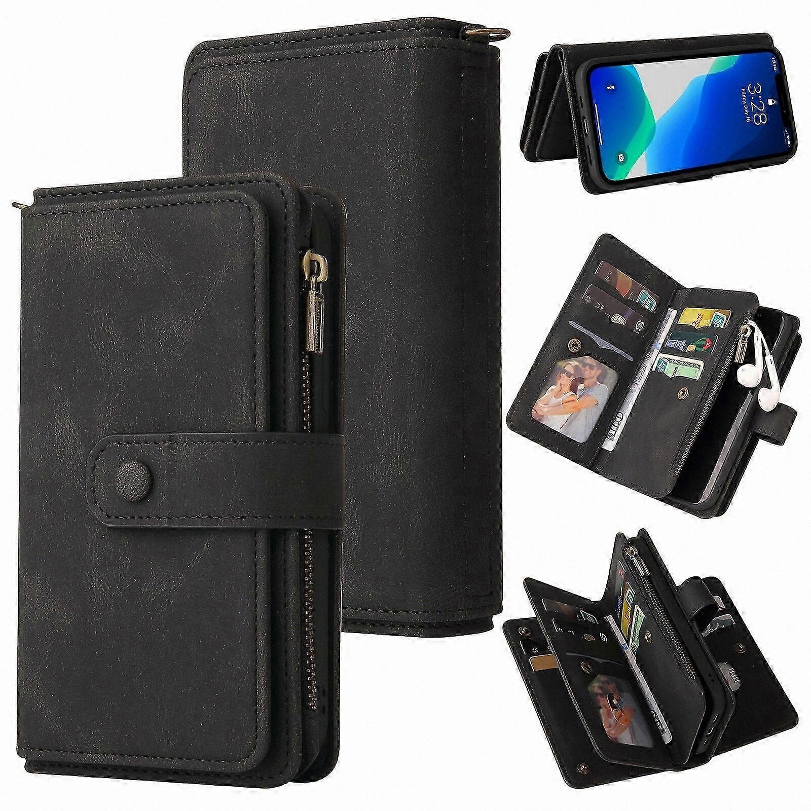 Magnetic Closure Wallet Case with 15 Card Slots and Zipper Pocket for 13 Pro Compatibility in PU Leather