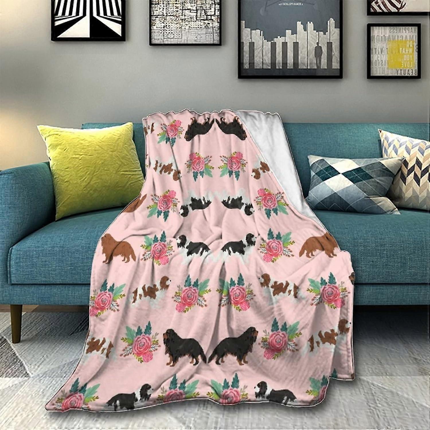 Fuzzy Flannel Blanket, Fluffy Throw for Bed Sofa Couch, Lightweight Microfiber Thermal Blanket Compatible with Cavalier King Charles Spaniel Pink