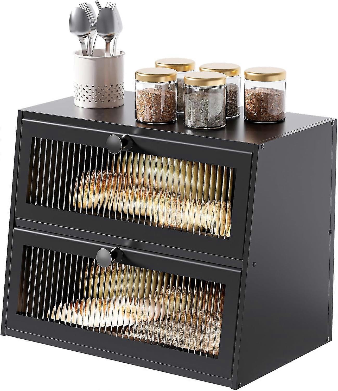 Bread Boxes for Kitchen Counter Airtight Bread Storage Bread Container Large Wooden Farmhouse Bread Box with Window (Black)