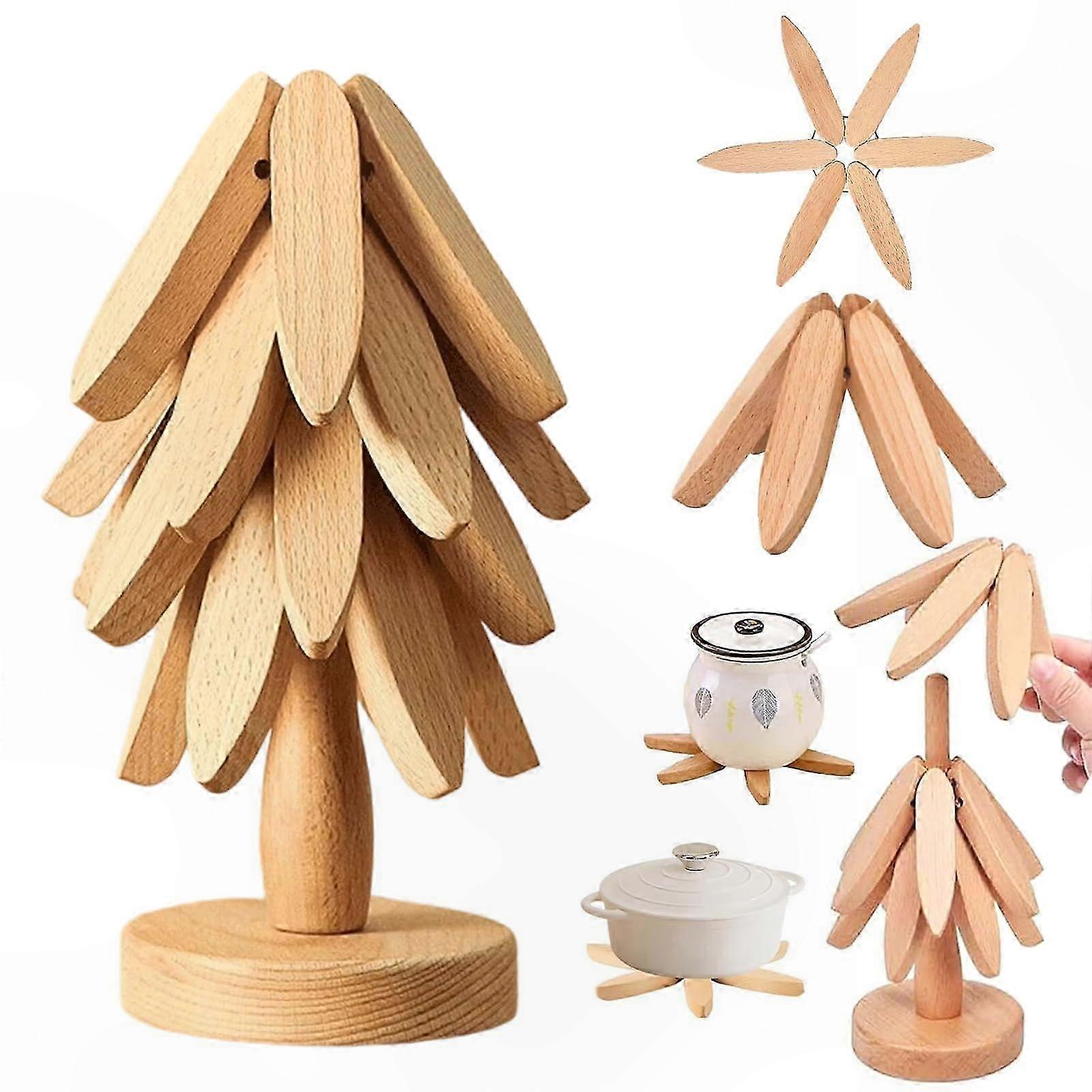 Walnut Wood Foldable Trivet Set with Stand, Heat-Resistant Coasters for Hot Cookware, Pots, and Teapots