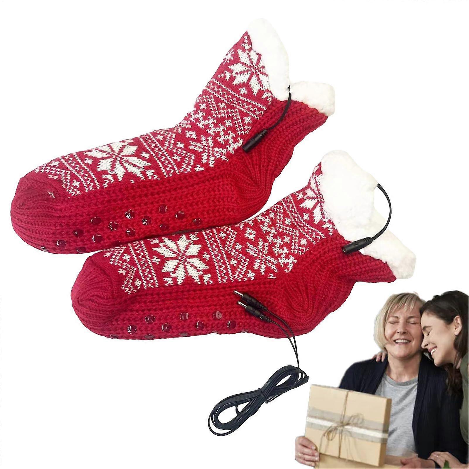 Electric Heated Socks USB Powered Snowflake Pattern Winter Socks Unisex Model A Red
