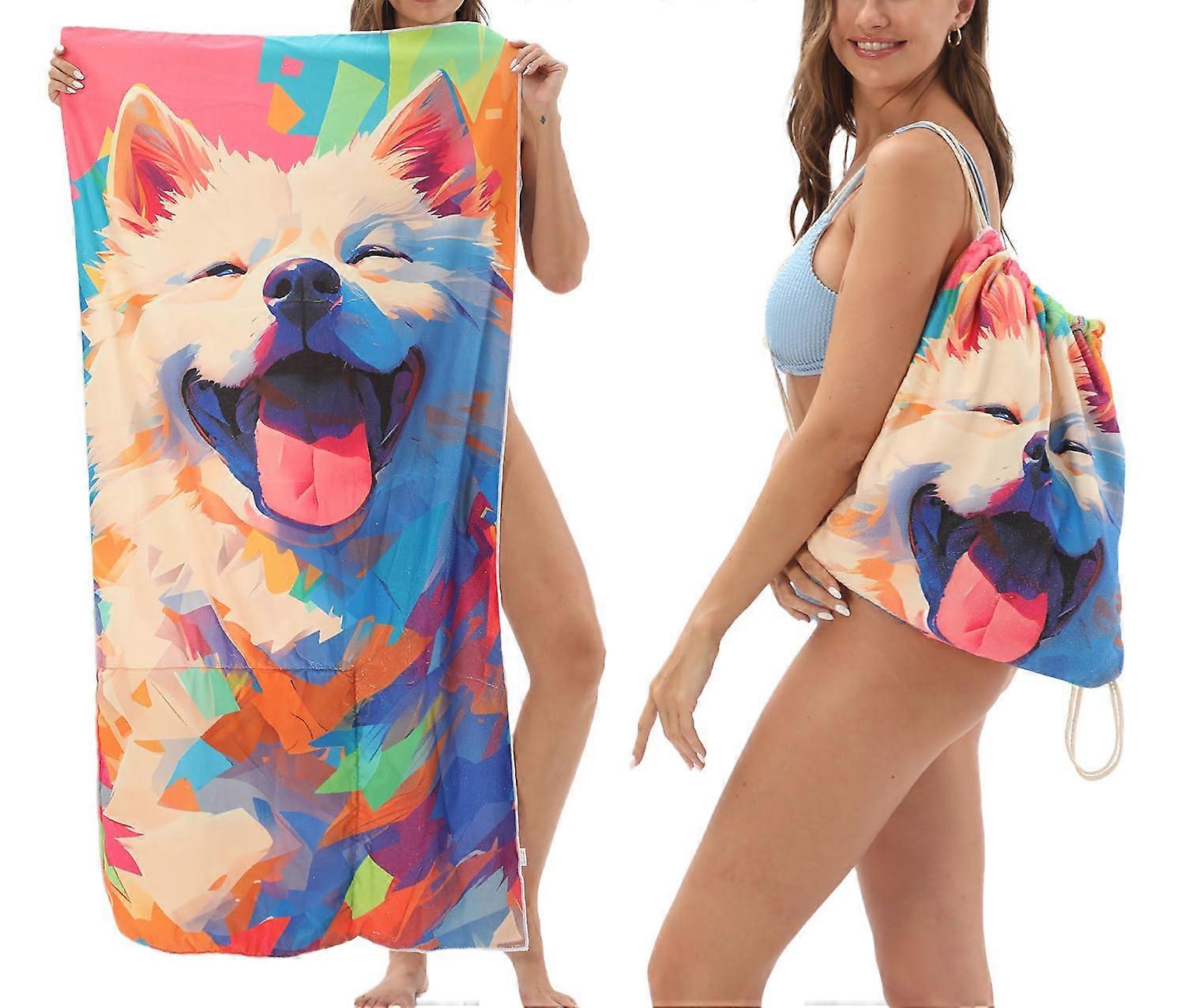 2in1 Beach Towel and Bag Set Microfiber QuickDry Travel Towel 160x80CM Extra Large Drawstring Bag Dog Face Design