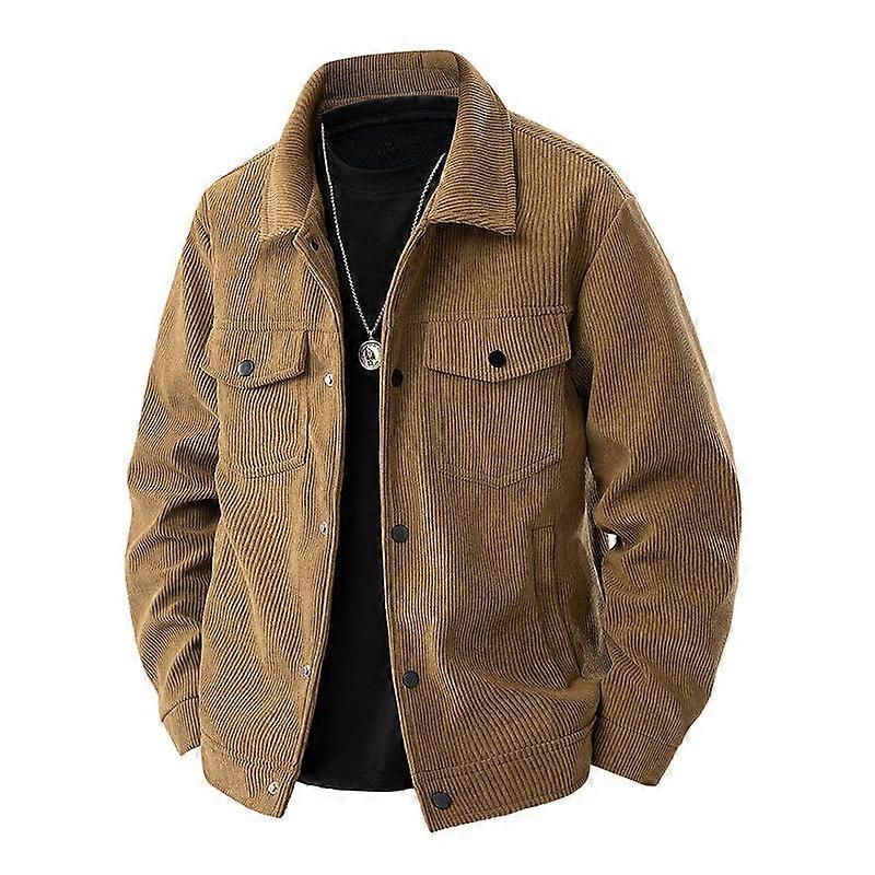 Men's Corduroy Stand Collar Jacket with Button Front and Pockets, Available in Brown, Beige, Black, Dark Green