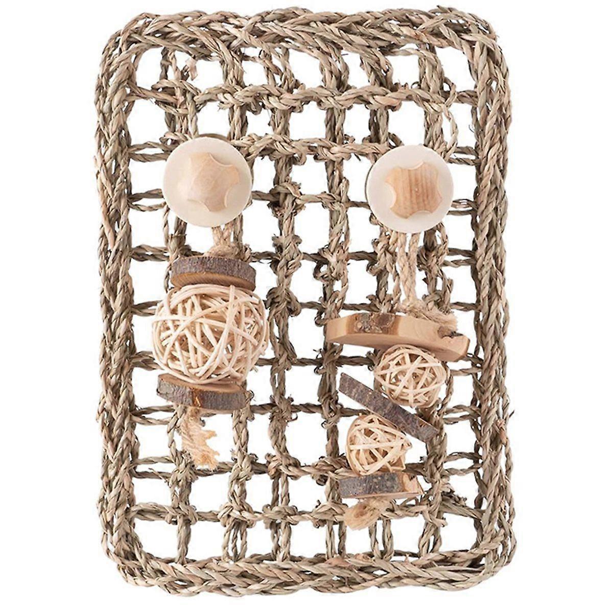 Seagrass Protector Mat with Toys for Bunny Internal Protective Grass Bite String Teeth Grinding Toy