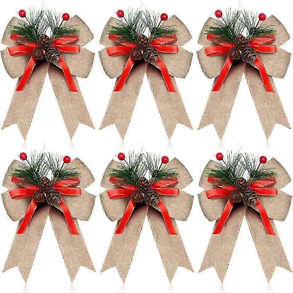 Holiday Tree Bows 12pcs with Pine Cones Burlap Ribbon