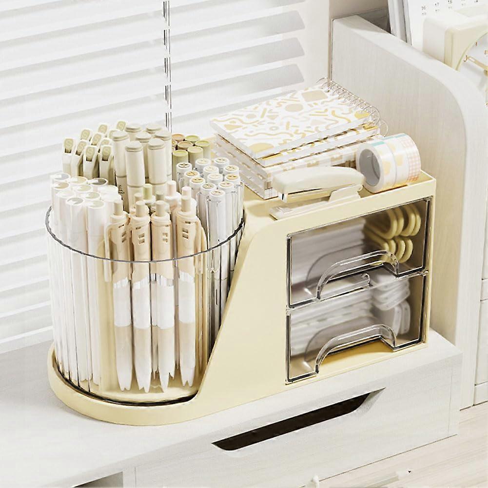Rotating Desk Organizer with Drawer, Maize Yellow Office Pencil Pen Holder for Home Workspace Storage