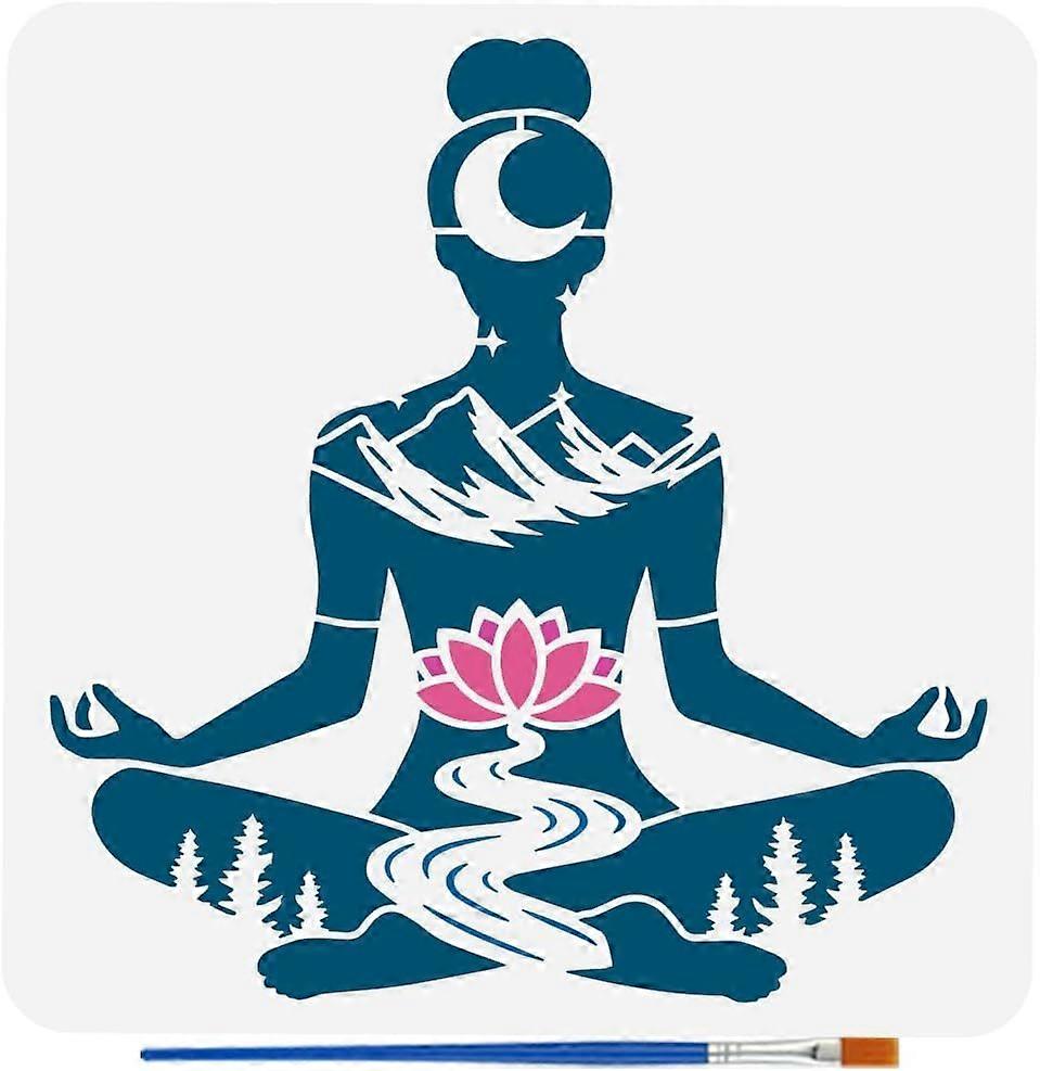 Stencil with Paint Brush 11.8x11.8inch Reusable Pose Stencil Mountains Lotus Flowers Woods Pattern Template with Natural Scenery Template for Painting