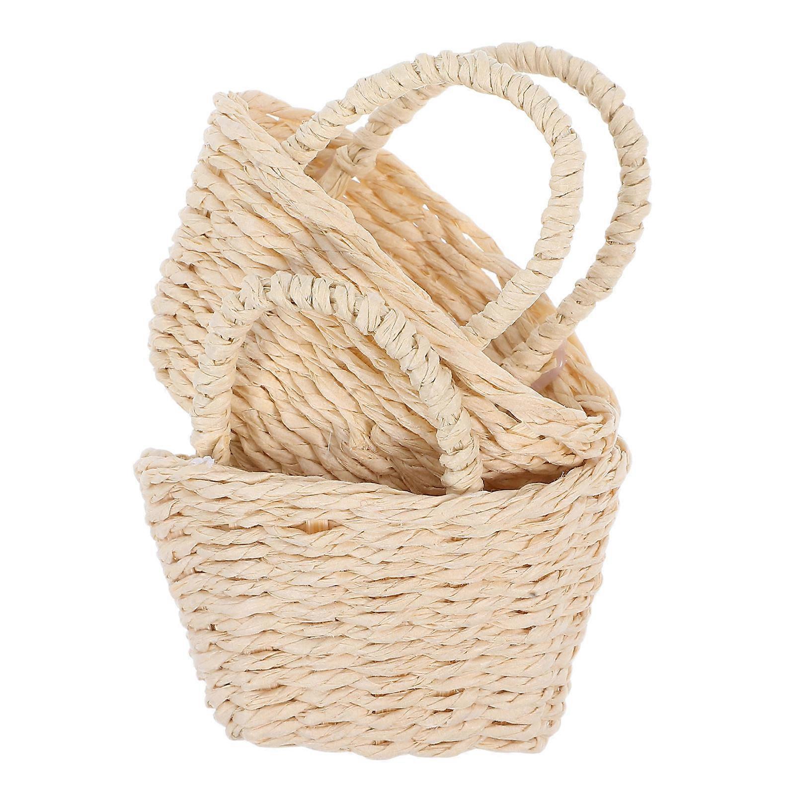 Raffia Grass Mini Basket for Decoration 2Pcs Miniature Woven Handles
