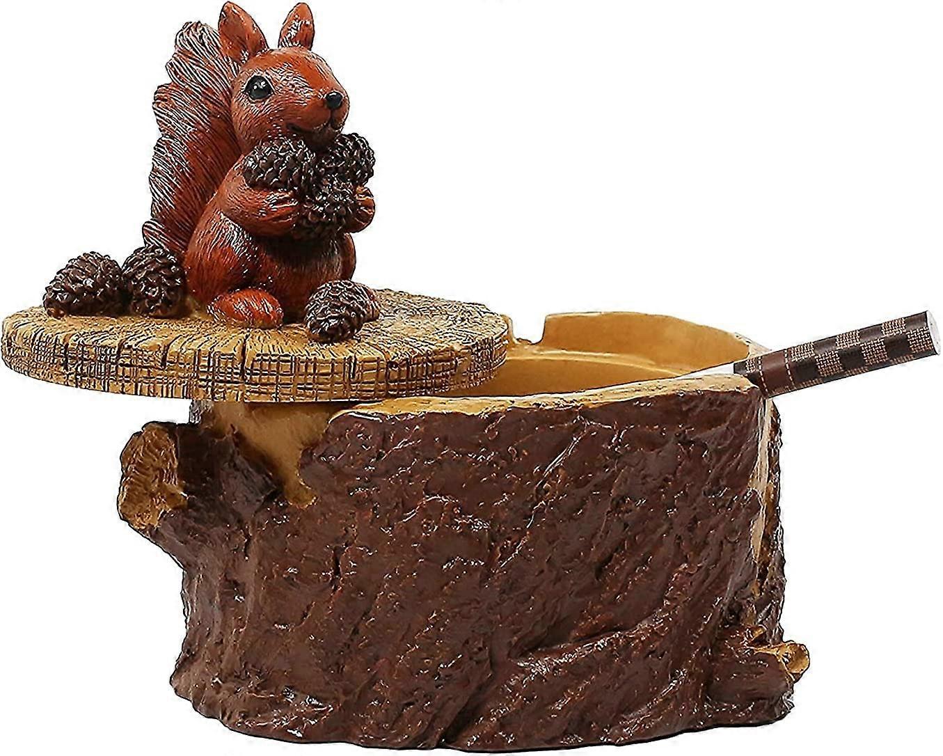 Outdoor Ashtray with Lid, Resin Squirrel Design, Windproof and WeatherResistant for Garden