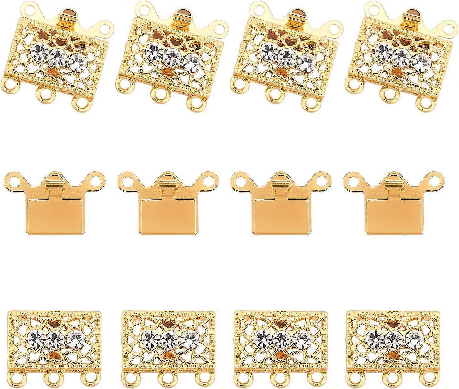 20 Sets Multi-Strand Box Clasps Filigree Box Clasps with Rhinestone Golden Platinum Plated Brass 3-Strand Rectangle Jewelry Clasps for DIY Necklace Br