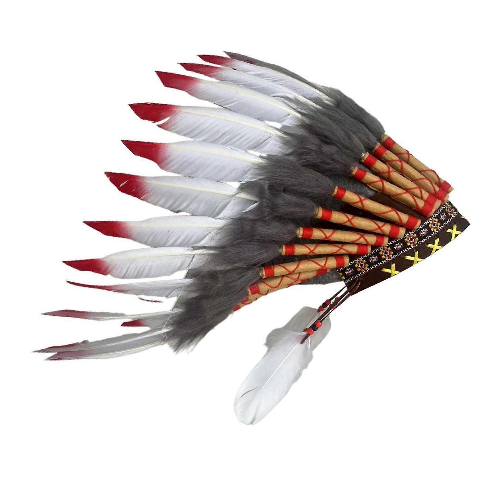 Lightweight Indian Feather Headdress Comfortable Headpiece For Long Event Parties And Festivals With Feather  red white