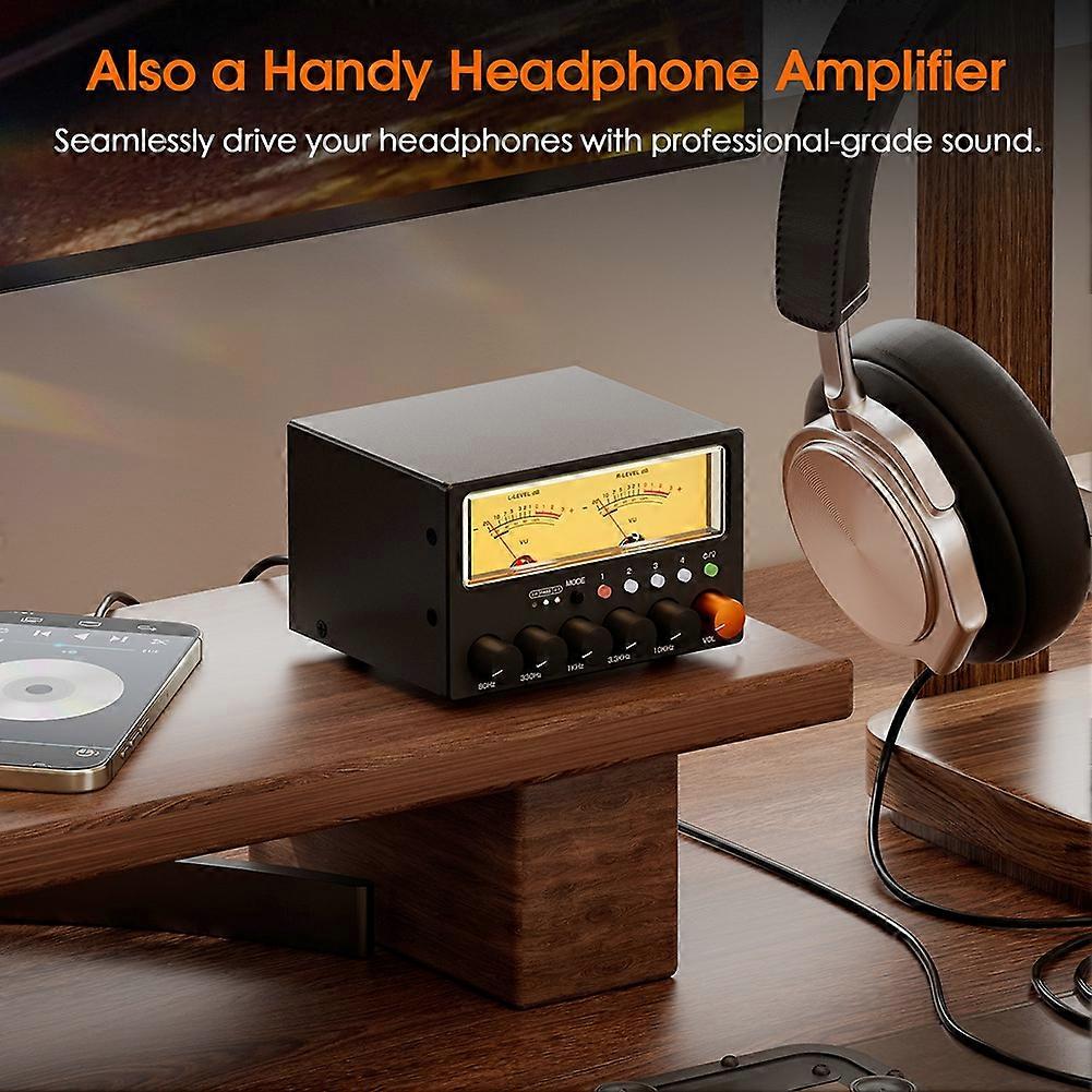 D5 4-Way Audio Switcher Splitter HiFi 5-Band Stereo EQ Preamp Equalizer with VU Meter EU Plug