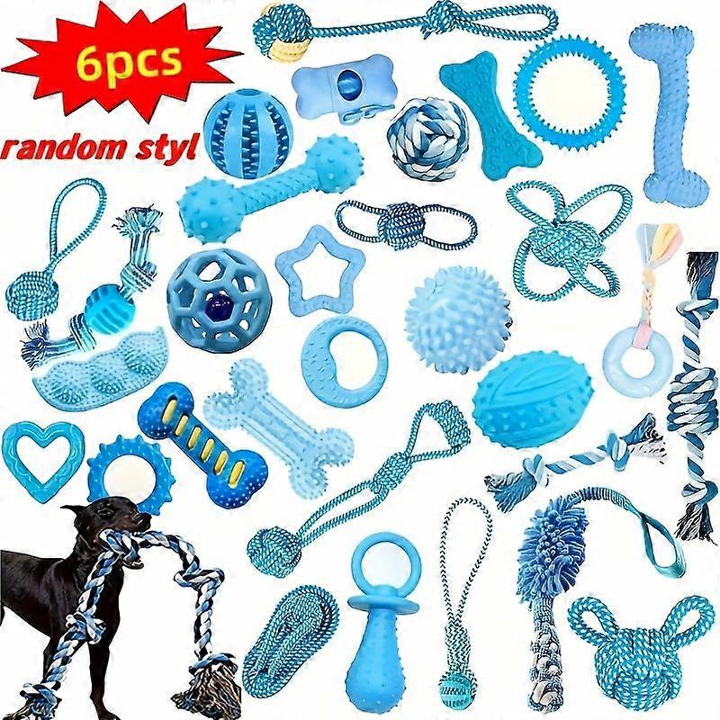 6pcs Random Style Blue Dog Chew Toys, Teeth Cleaning, Durable, Bite-Resistant, Interactive