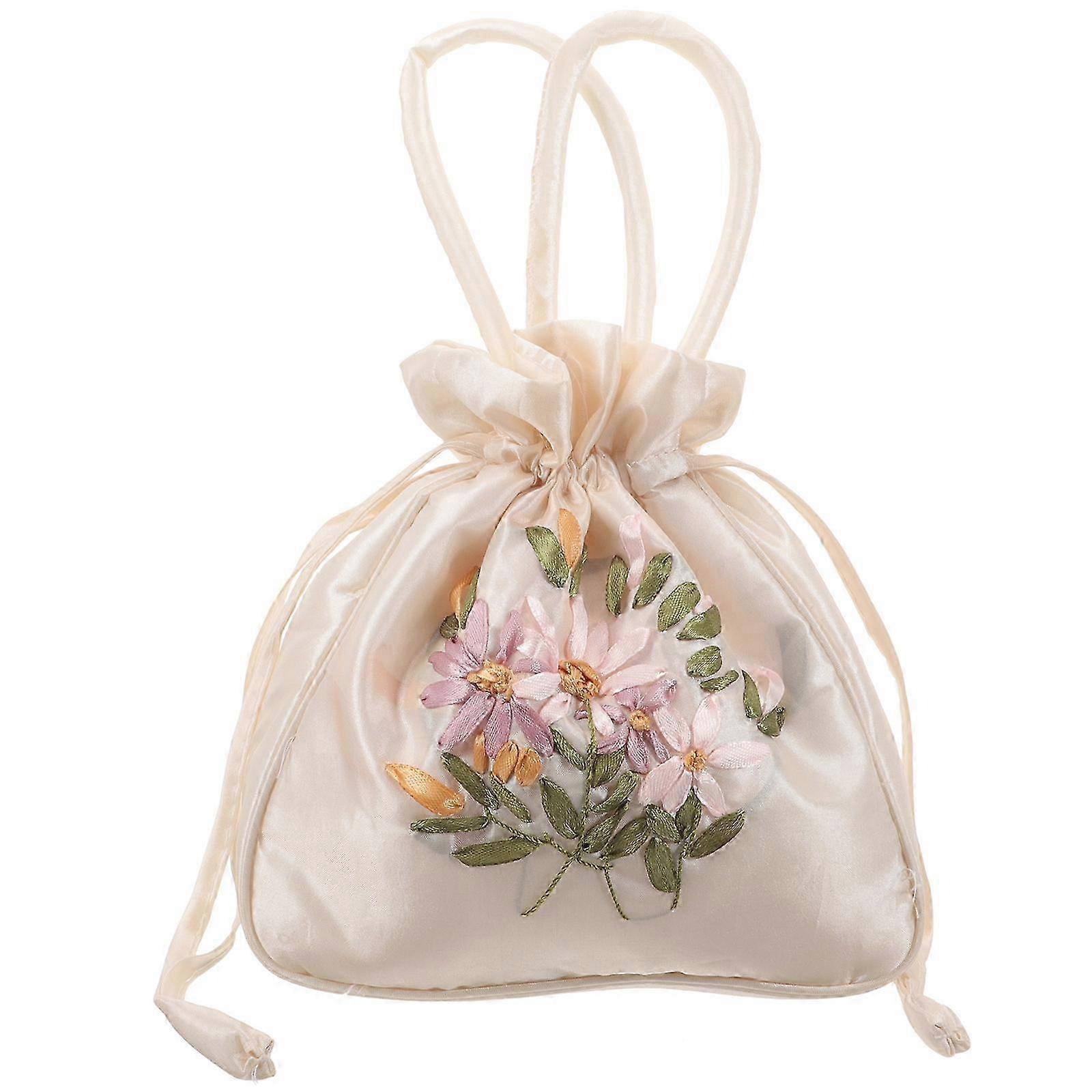 Exquisite Embroidered Purse Drawstring Handbag with Decorative Small Drawstring and Handle