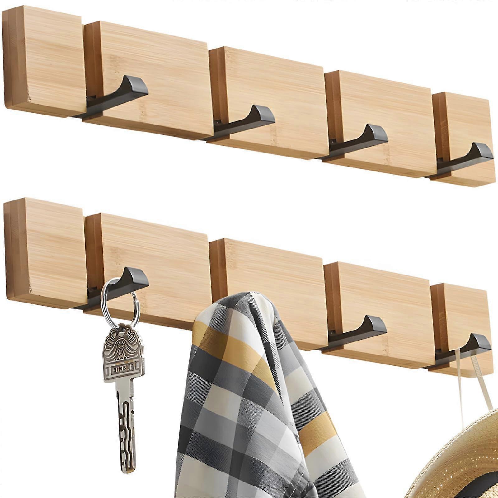 Wall Mounted Coat Hooks No Nail Installation Foldable Space Saving Wooden Hangers 2 Pack