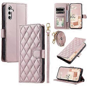 Compatible For Samsung Galaxy A57 5G PU Leather Case Wallet Rhombus Grid Phone Cover with Shoulder Strap / Wrist Strap