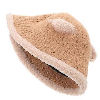 Fluffy Plush Bucket Hat for Women Girls with Ears in Khaki