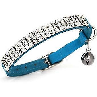 Collar ajustable para gatos seguro de terciopelo suave Diamante con campanas, 11 pulgadas para perros y gatos pequeños (azul)