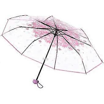 Dreifach faltbarer Regenschirm für Damen, transparent, Kirschblüten-Pilz-Sakura-Design, faltbarer Sonnenschutz, Regenschirme