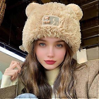 Women Knitted Hat Windproof Warm Solid Color Elastic Winter Hat Bear Ear Decor Cold Weather Plush Hat