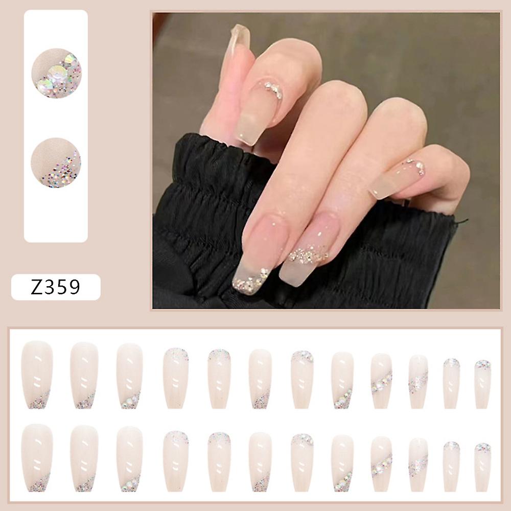 24pcs Glossy False Nails Glitter Diamond Long Fake Nails