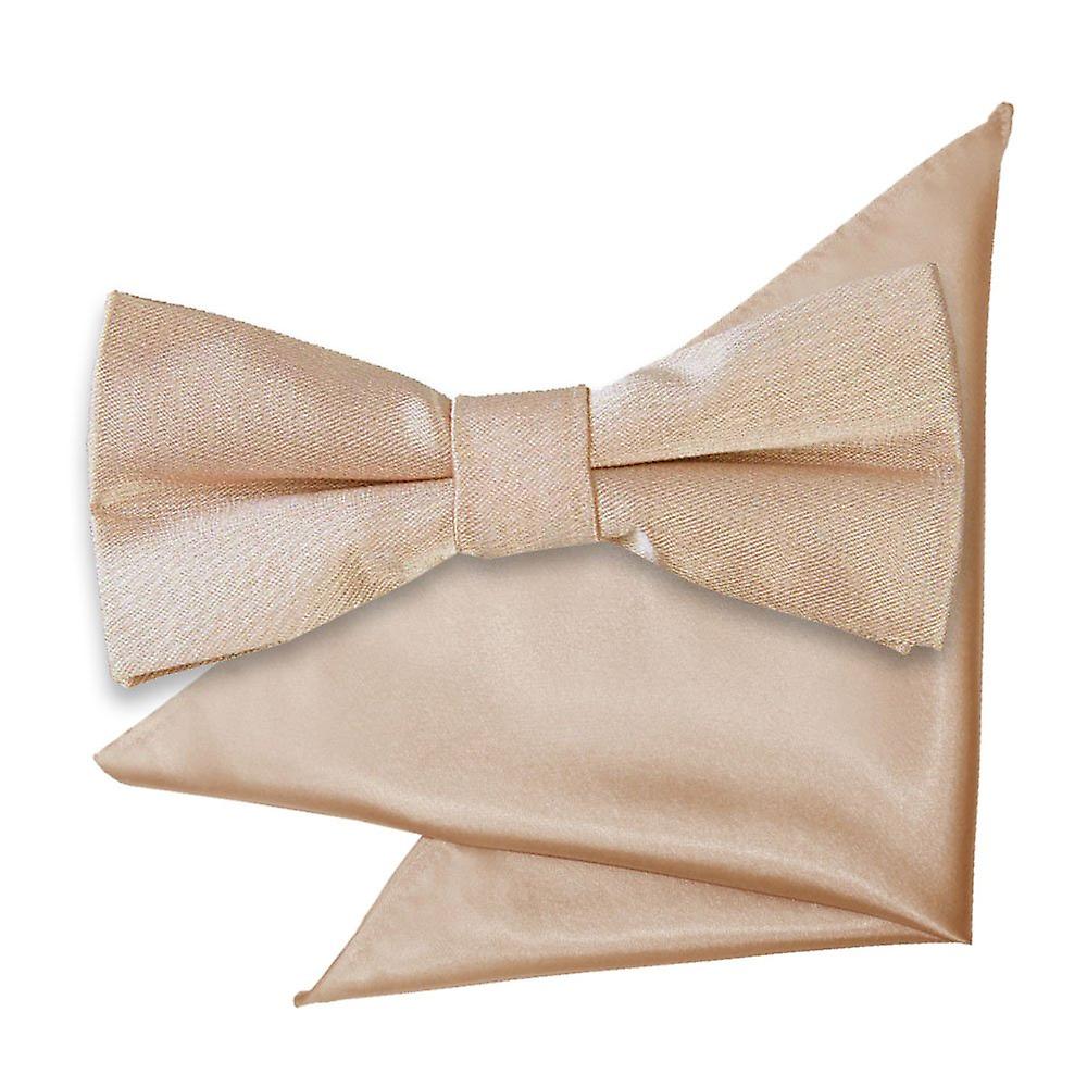 Mocha Brown Plain Satin Bow Tie and Pocket Square Set for Boys