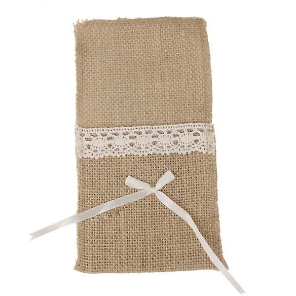 40xHessian Rustic Burlap Cutlery Holder Silverware Holder w/ Bowknot Lace Decor