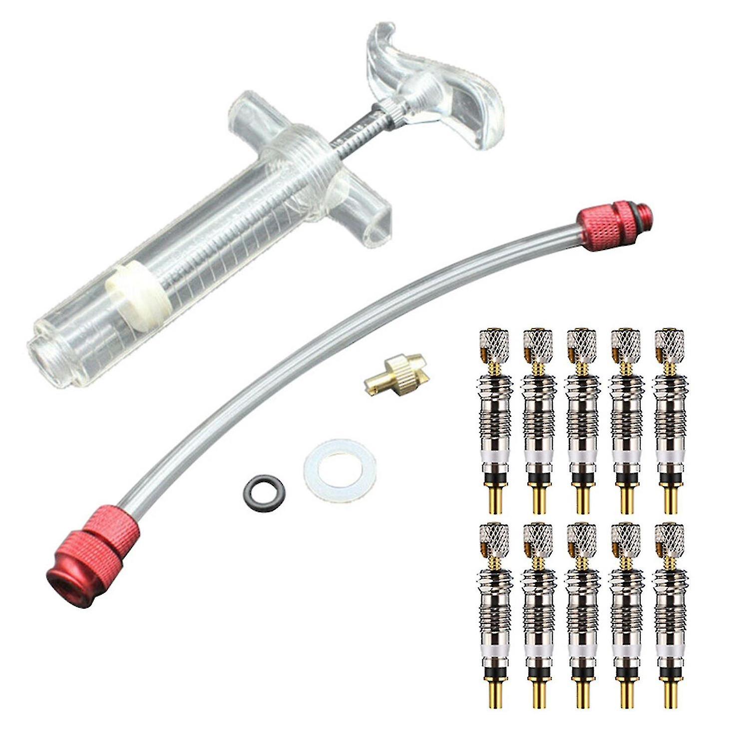 Tubeless Tyre Sealant Injector Tire Filling Removal Tool With 10 Pieces Valve Core Bike Replacement