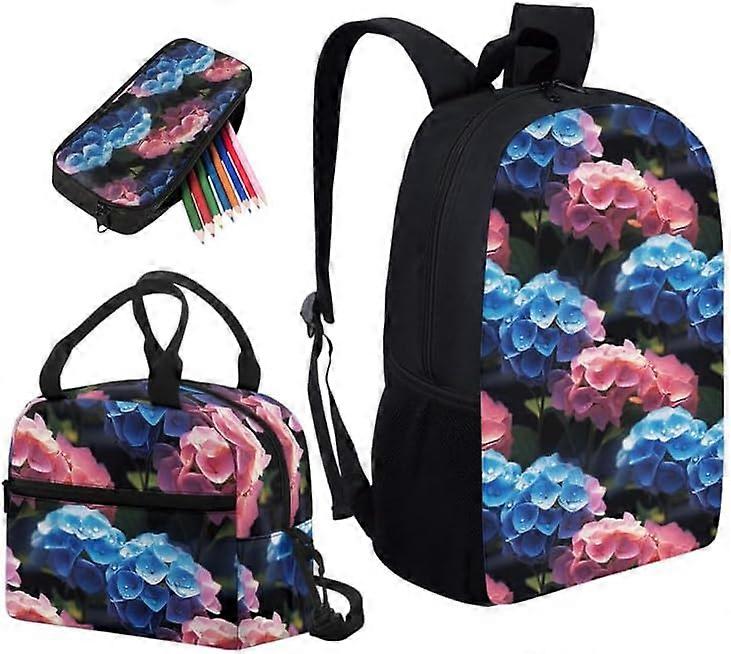 Blue Pink Hydrangea Flower Print School Bag Primary Junior High School Bag Cartoon Colorful Floral Kids Shoulder Lunch Bag and Pen Case Bag Set for Ki