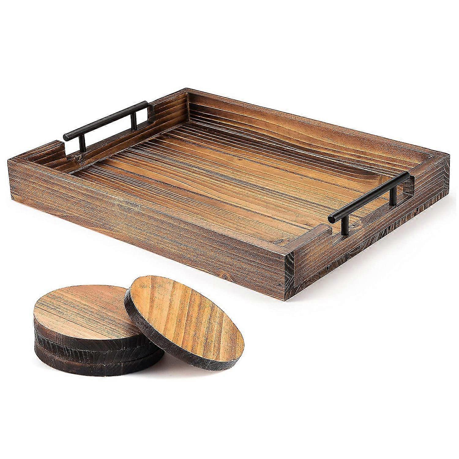 Ottoman Tray With Handle For Living Room, Set Of 4 Natural Wooden Coasters, Rustic Serving Tray For