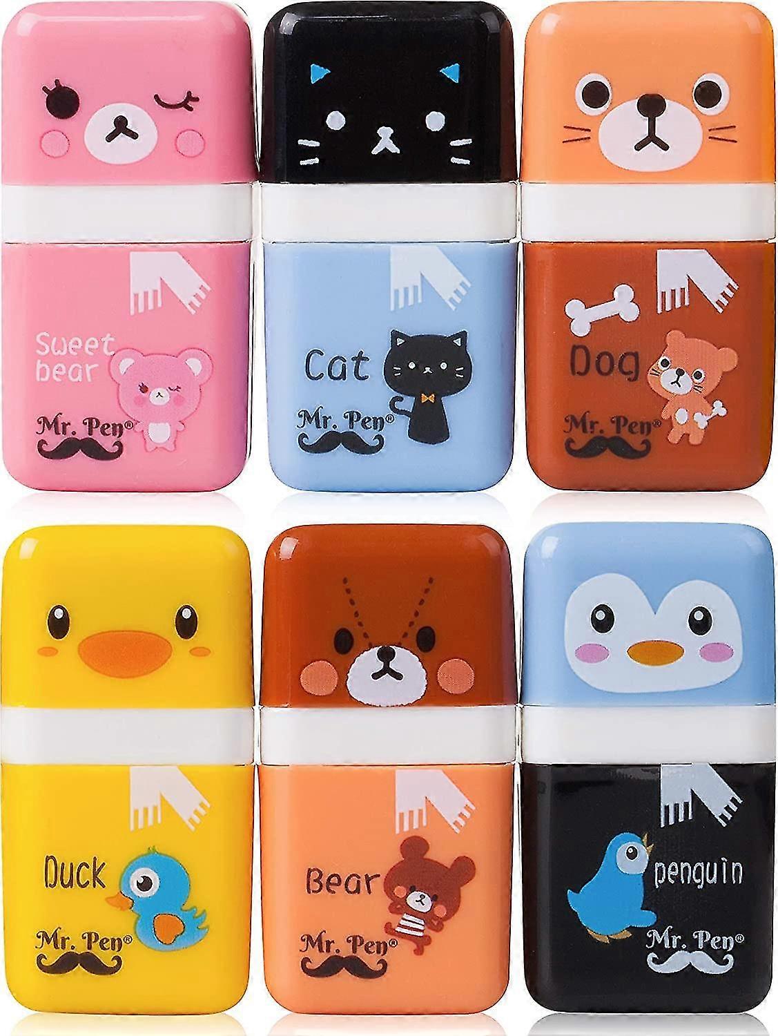 Set Of 6 Colored Pencil Gums - Cute Animal -shaped Gums, Cartoon - Gift For Children - For School, House, Office Supplies, Stationery, Sketch, Paintin