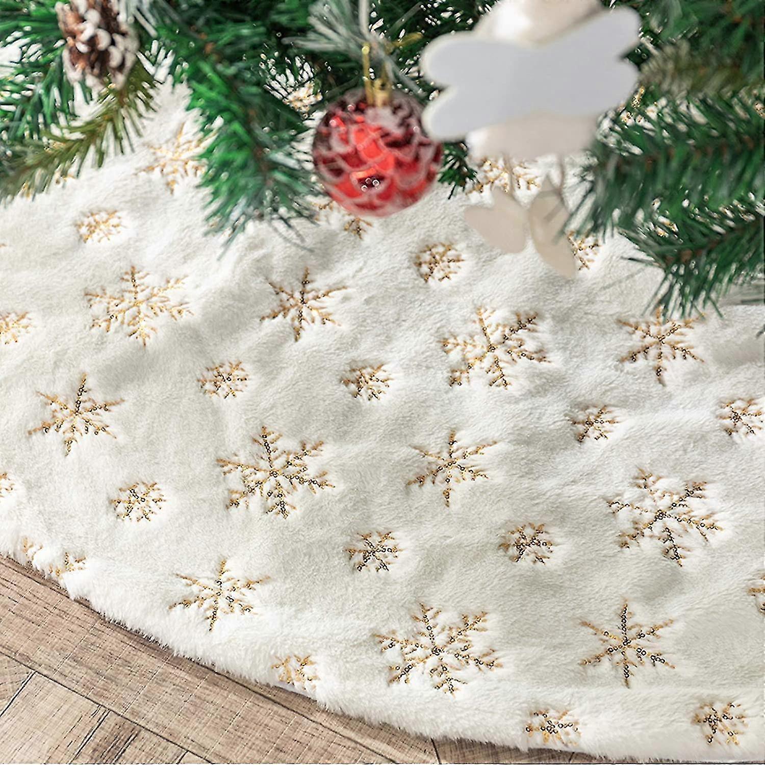 Deggod Plush Christmas Tree Skirts, Luxury Snowy White Faux Fur Xmas Tree Base Cover Mat With Gold Snowflakes For Xmas New Year Home Party Decorations