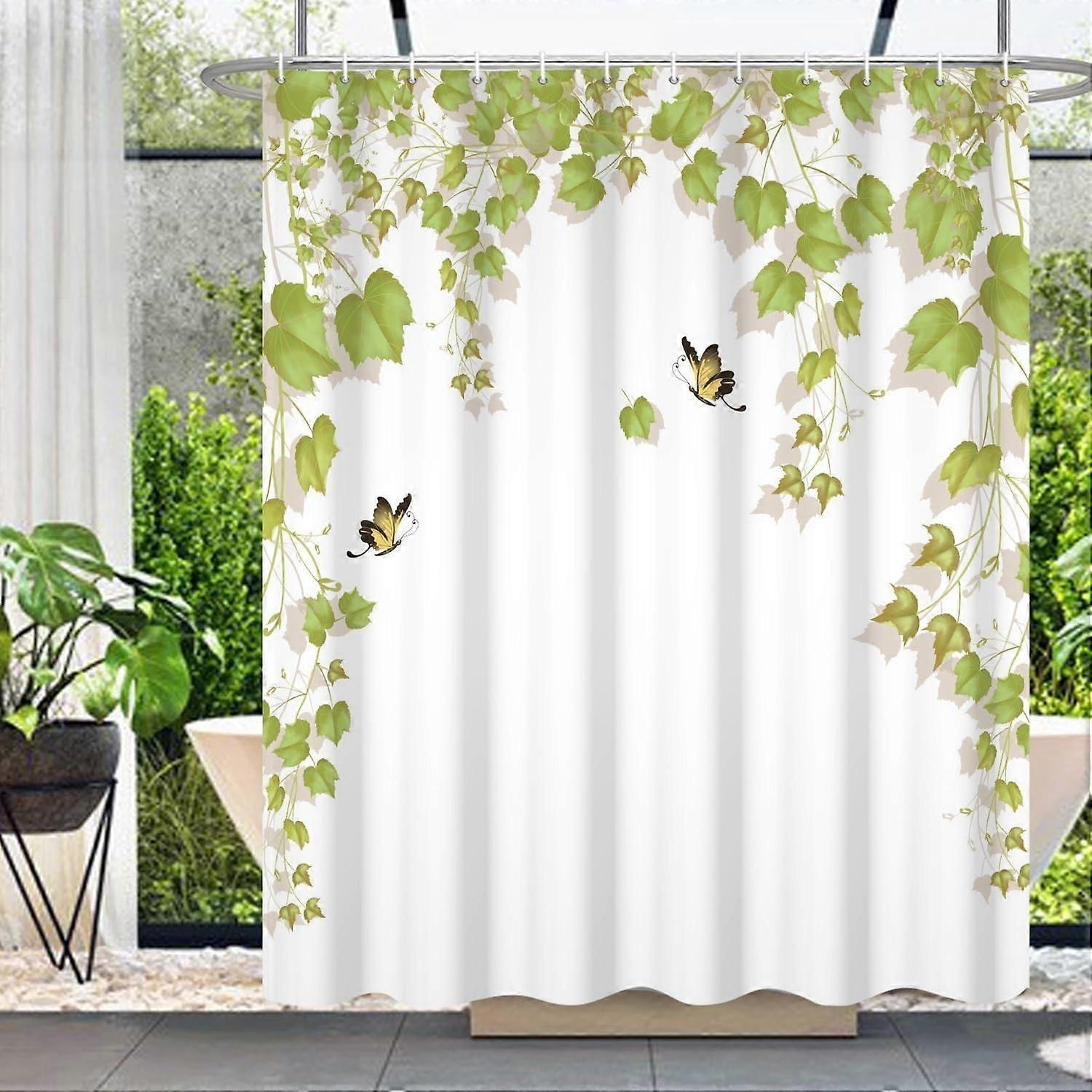 バスルームの装飾のための緑の葉シャワーカーテン春新鮮な自然植物の蝶現代の農家のバスカーテンフック付き防水生地6