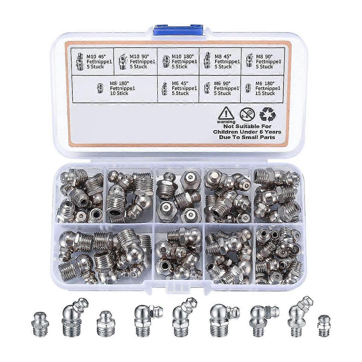 60Pcs Metric Grease Fittings Kit, M6 M8 M10 45 90 Degree Hydraulic Grease Zerk Assortment for Angle