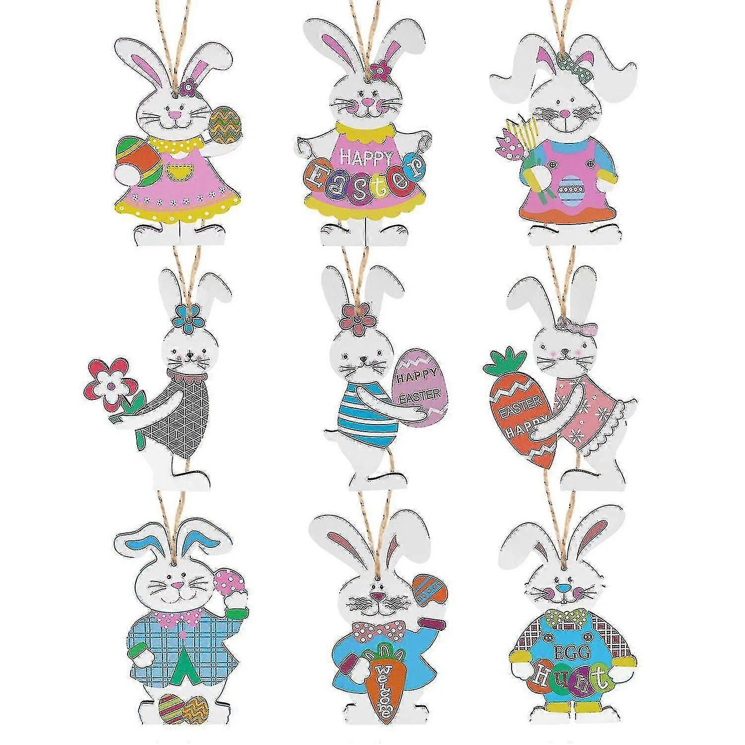 9 Easter Wooden Rabbit Ornaments Hanging Easter Rabbit Decorations Crafts For Home Easter Tree Decor - ya