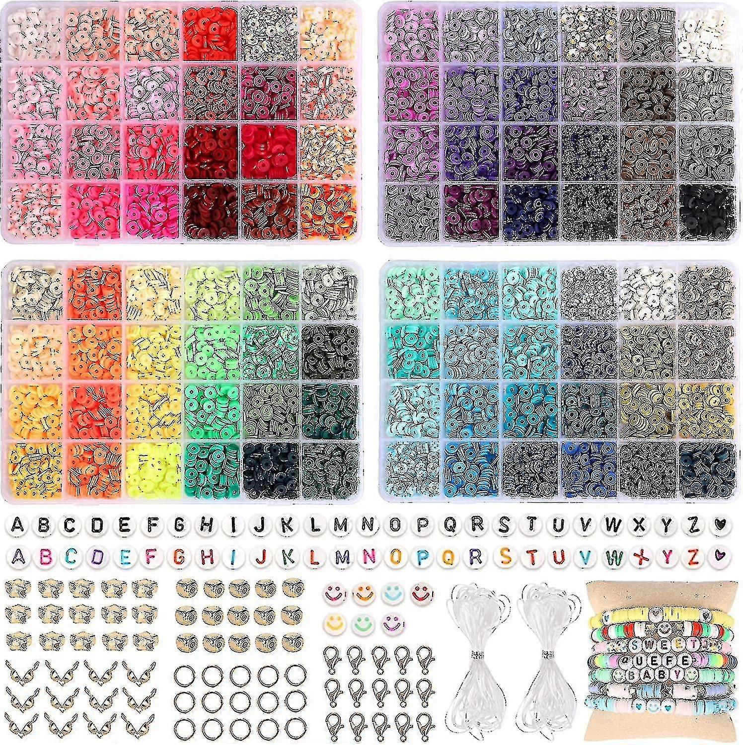 9600 Tonperlen für Schmuck Making Kit, 96 Farben Spaced Black Stone Perlen Flat Round Polymer Clay Perlen Mit Buchstabenperlen Smiley Perlen und Elastic St