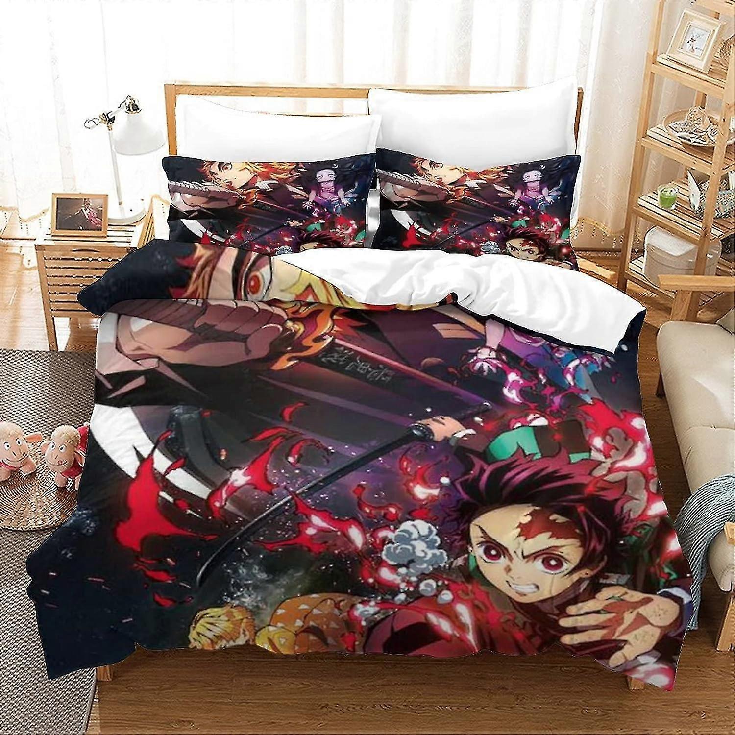 o4531 Bed Sheets Ghost Slayer 3-piece Set Bedding Set 3D Print Comforter Cover with Zipper ForTeens And Kids Adults Soft Microfiber Bedspread Cover Be