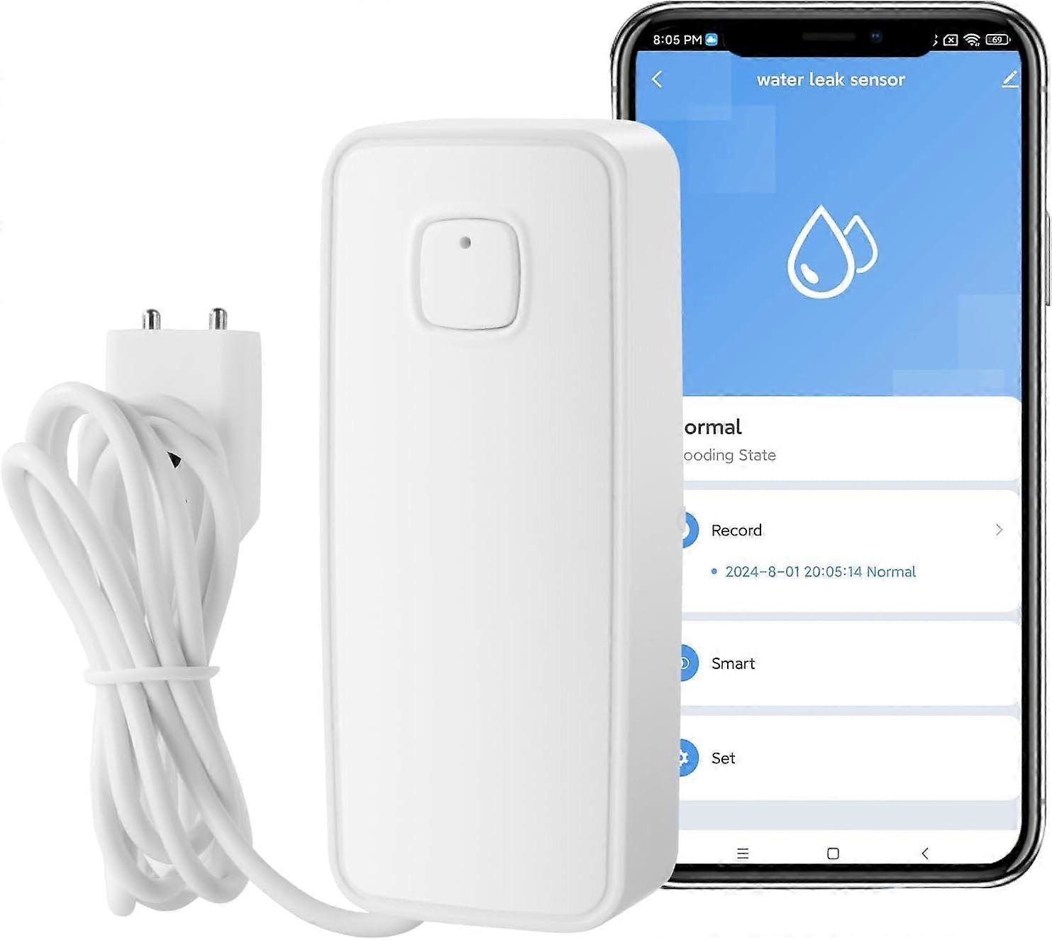 2pcs WiFi Smart Water Detector, 80dB AAA Battery Intelligent Water Leakage Detector with 1m Detection Cable, Remote Monitoring and App Notifications,