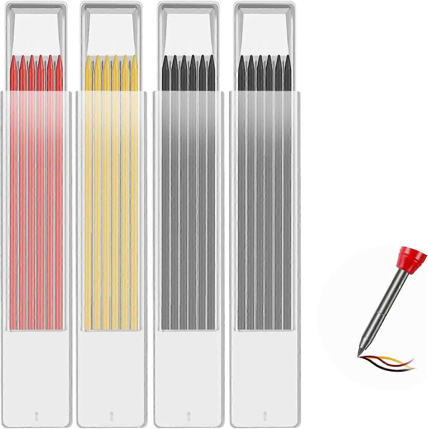 24 Pack Solid Woodworking Pencil Refills, 2.8mm Solid Deep Hole Mechanical Construction Pencil Replacement (Black&Red&Yellow)