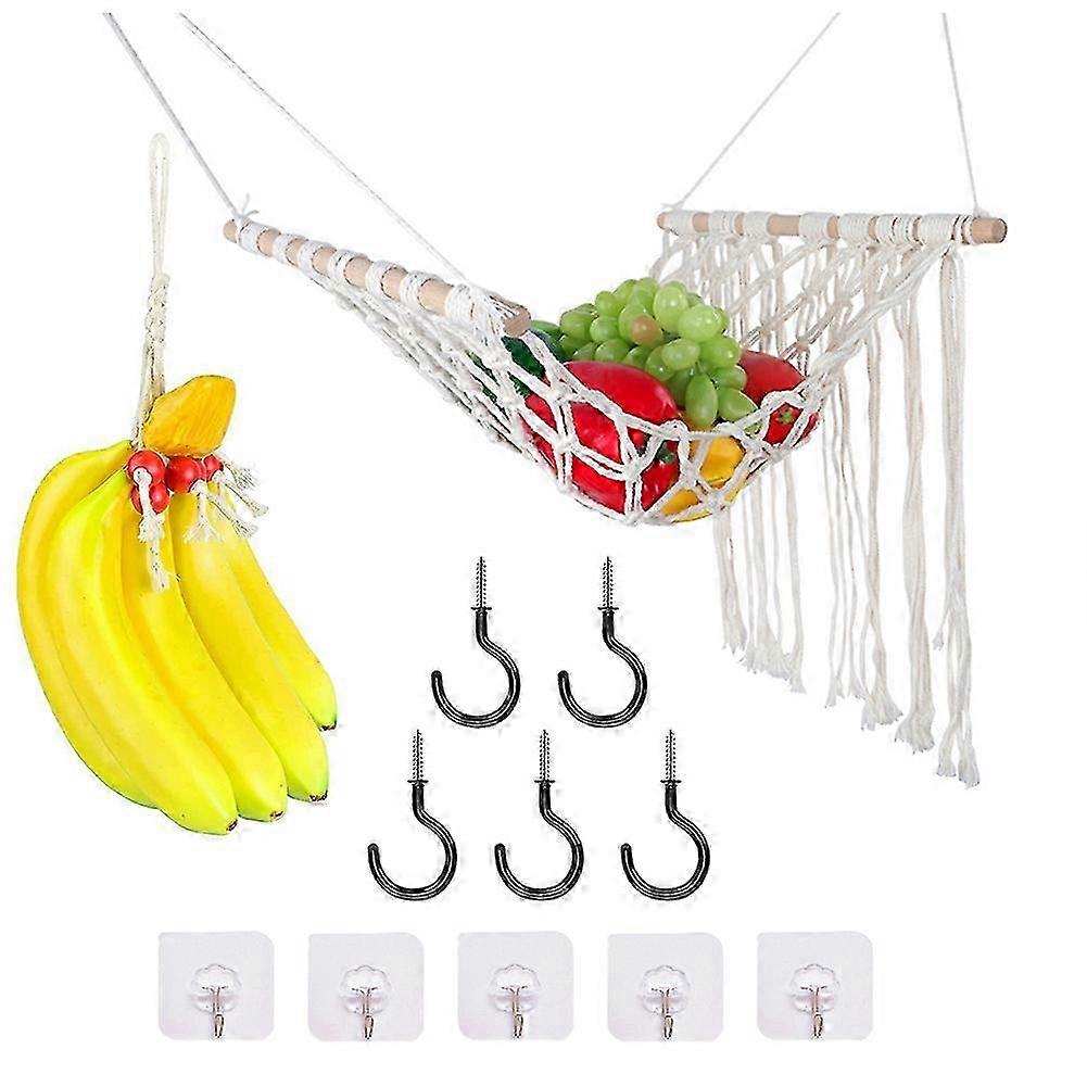Macrame Fruit Hammock Under Cabinet - Hanging Basket For Kitchen, Fruit Holder Net With Banana Hanger And Hook