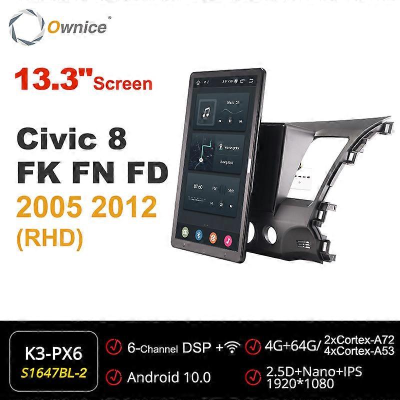 Tesla Style 13.3" PX6 Android 10 Car DVD Player Auto Rotatable Navigation GPS Stereo Radio For Honda Civic 8 FK FN FD 2005-2012