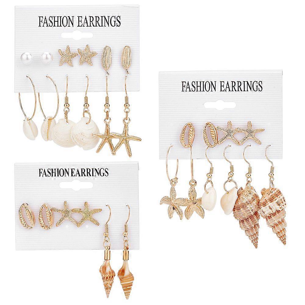 Natural Shell & Conch Drop Earrings Sets Starfish & Shell & Feather Shape Alloy Stud & Hoop & Dangle Earrings with Iron Pins for Women Mixed Color 12~