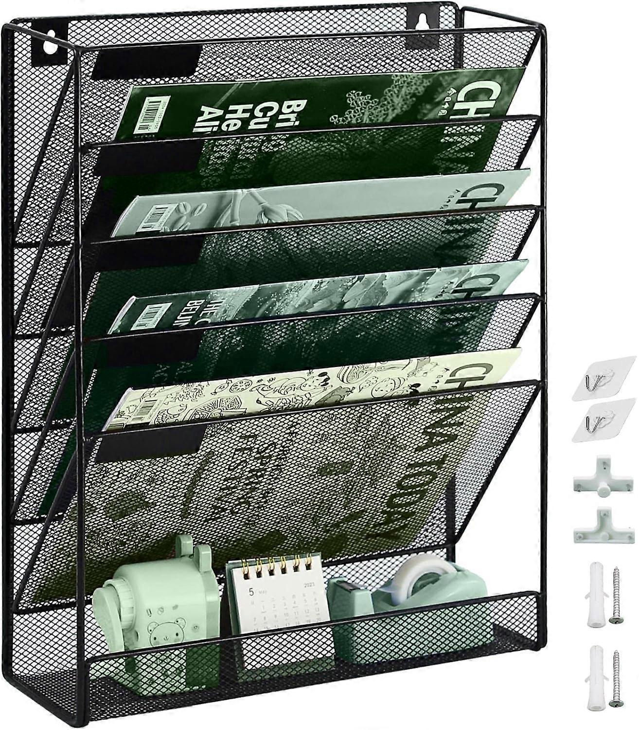 6-Tier A4 Wall Hanging Document Holder - Durable Metal Mesh - Black