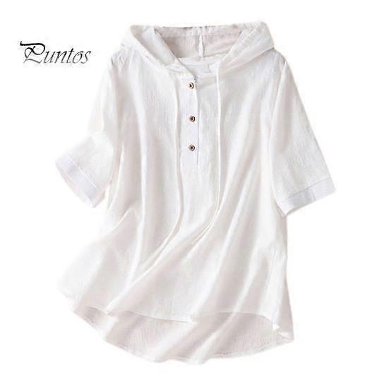 Women Solid Color T-shirt Hooded Buttons Half Placket Short Sleeve Pullover Tops Solid Color Drawstring Thin Loose Fit Blouse
