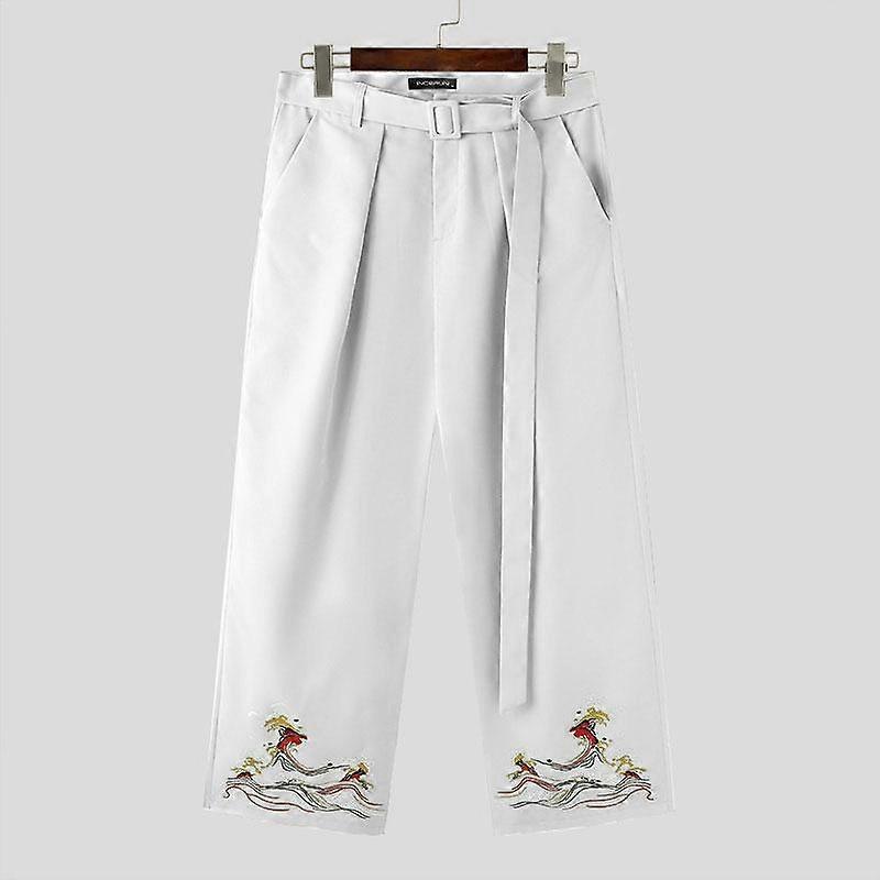 INCERUN Men Zipper Up Waist Belt Loose Long Trousers Casual Print Wide Leg Pants