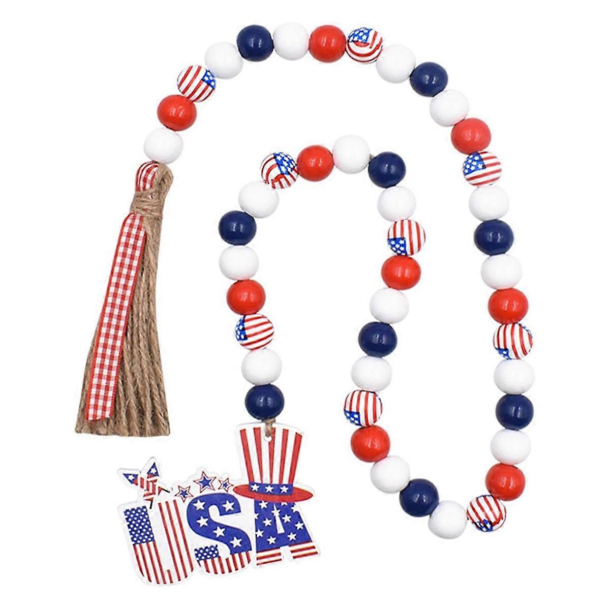 Patriotic Wooden Beads Garland, Stars Bead String Jutes Rope Decor