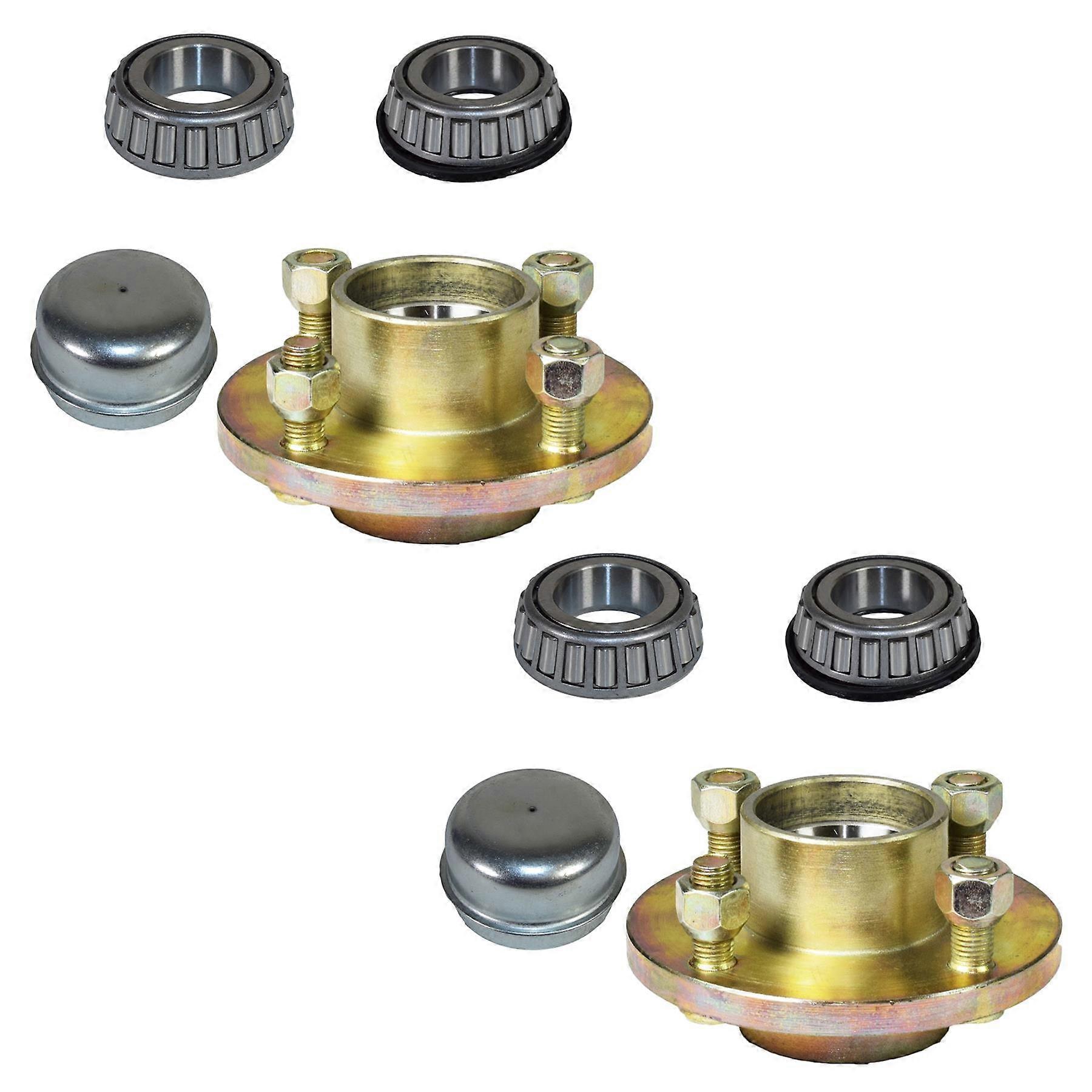 Pair Of Trailer Cast Wheel Hub 100mm PCD 1" Taper Bearing 4 Studs Nuts + Caps